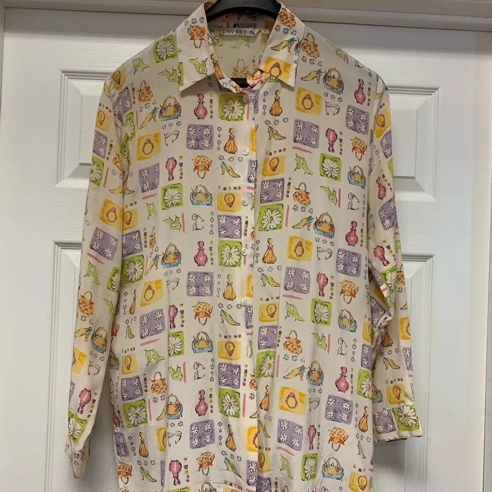 Vintage Shoe Purse Ring Silk Button Down Shirt sz L